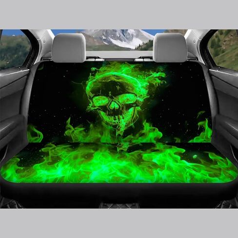 16 PCS Green Flaming Skull Auto Interior Accessories Car Seat Covers with Auto Steering Wheel Cover Seat Belt Covers Car Trash Can Center Console Pad Headrest Cover Coaster Keychains in Saudi Arabia