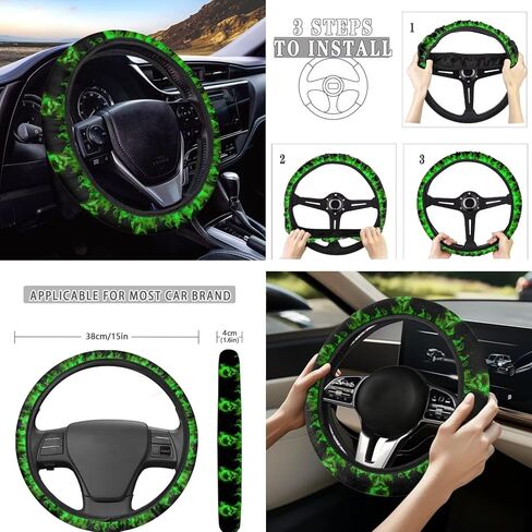 16 PCS Green Flaming Skull Auto Interior Accessories Car Seat Covers with Auto Steering Wheel Cover Seat Belt Covers Car Trash Can Center Console Pad Headrest Cover Coaster Keychains in Saudi Arabia