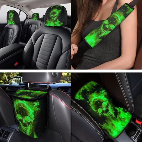 16 PCS Green Flaming Skull Auto Interior Accessories Car Seat Covers with Auto Steering Wheel Cover Seat Belt Covers Car Trash Can Center Console Pad Headrest Cover Coaster Keychains in Saudi Arabia