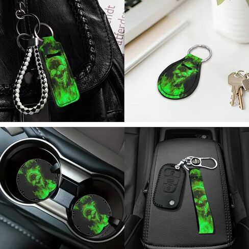 16 PCS Green Flaming Skull Auto Interior Accessories Car Seat Covers with Auto Steering Wheel Cover Seat Belt Covers Car Trash Can Center Console Pad Headrest Cover Coaster Keychains in Saudi Arabia