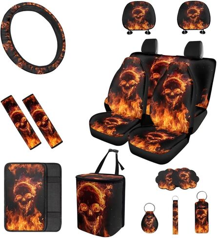 16 PCS Green Flaming Skull Auto Interior Accessories Car Seat Covers with Auto Steering Wheel Cover Seat Belt Covers Car Trash Can Center Console Pad Headrest Cover Coaster Keychains in Saudi Arabia
