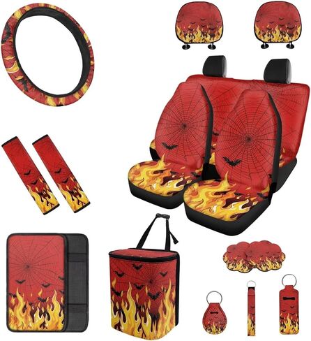 16 PCS Green Flaming Skull Auto Interior Accessories Car Seat Covers with Auto Steering Wheel Cover Seat Belt Covers Car Trash Can Center Console Pad Headrest Cover Coaster Keychains in Saudi Arabia