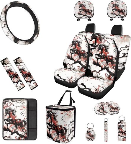 16 PCS Green Flaming Skull Auto Interior Accessories Car Seat Covers with Auto Steering Wheel Cover Seat Belt Covers Car Trash Can Center Console Pad Headrest Cover Coaster Keychains in Saudi Arabia