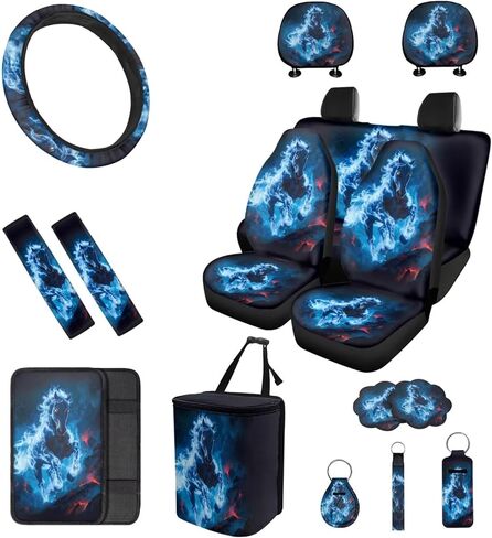 16 PCS Green Flaming Skull Auto Interior Accessories Car Seat Covers with Auto Steering Wheel Cover Seat Belt Covers Car Trash Can Center Console Pad Headrest Cover Coaster Keychains in Saudi Arabia