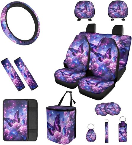 16 PCS Green Flaming Skull Auto Interior Accessories Car Seat Covers with Auto Steering Wheel Cover Seat Belt Covers Car Trash Can Center Console Pad Headrest Cover Coaster Keychains in Saudi Arabia