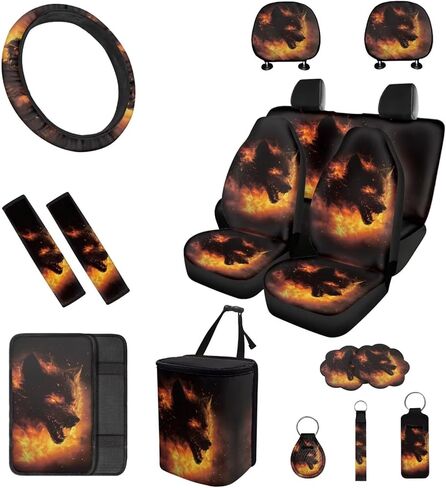 16 PCS Green Flaming Skull Auto Interior Accessories Car Seat Covers with Auto Steering Wheel Cover Seat Belt Covers Car Trash Can Center Console Pad Headrest Cover Coaster Keychains in Saudi Arabia