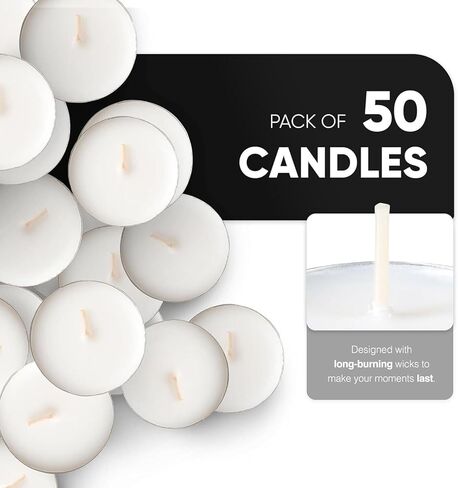 شموع Tealight غير المعطرة من Ferris - 50 عبوة، حرق طويل نظيف لمدة 8 ساعات، فتيل قطني، شمع خالٍ من الرصاص - أضواء الشاي للمنزل، ديكور عيد الشكر، سخانات الشمع - مثالية لديكورات عيد الميلاد الخارجية in Kuwait