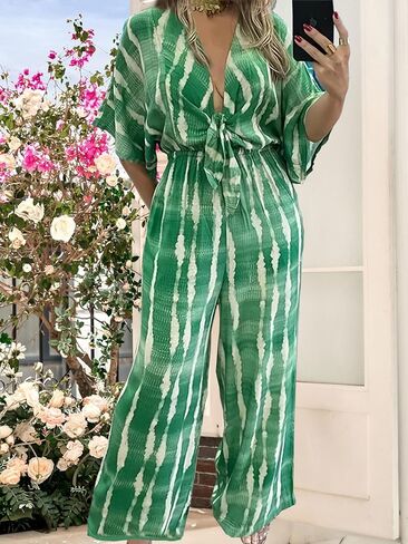 جمبسوت نسائي برباط وصبغ واسع الساق ورقبة على شكل حرف v وأكمام تشبه جناح الخفاش ورباط خصر رومبير خفيف الوزن زي بوهيمي للمناسبات الصيفية in Saudi Arabia