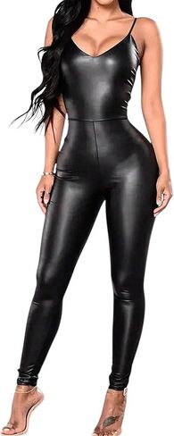 Women’s Faux Leather Jumpsuit Sexy High Waisted Tummy Control Body Suit Stretchy Slim Fit PU Catsuit for Clubwear in Saudi Arabia