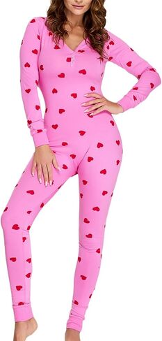 Women Heart Print V-Neck Long Sleeve Rompers One Piece Playsuits Bodycon Jumpsuits Valentine's Day in Saudi Arabia