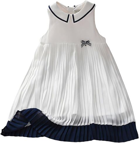 Girls Sleeveless Pleated Dress with Peter Pan Collar, White and Navy Blue Chiffon A-Line Dress, Ages 4-12 in Saudi Arabia