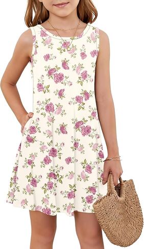 فستان صيفي للفتيات بدون أكمام للأطفال بياقة دائرية كاجوال صغير مزهّر على شكل حرف A فساتين صيفية للشاطئ مع جيوب من 5 إلى 14 سنة in Kuwait