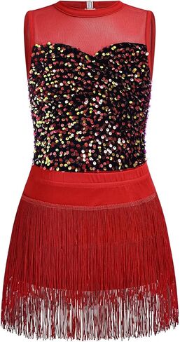 IBAKOM Girl Fringe Latin Jazz Dance Outfits Sparkly Sequins Leotard Tassel Mini Skirt Kids Cutout Back Hip Hop Dance Dress in Saudi Arabia