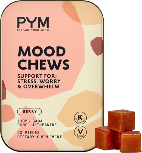 PYM Berry Mood Chews يدعم الإجهاد والقلق والإرهاق، 20 قطعة - 130 مجم GABA، 90 مجم L-Theanine - نباتي، غير معدّل وراثيًا، خالي من الغلوتين، بدون سكر مضاف - مكمل توازن المزاج الطبيعي بالكامل صنع في الولايات المتحدة الأمريكية! in Kuwait