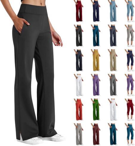 المرأة Bootcut اليوغا سروال فستان الأعمال عادية واسعة الساق مكتب بنطلون انقسام هيم تجريب مضيئة طماق مع جيوب in Saudi Arabia