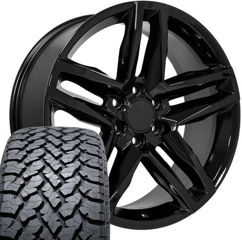 إطارات وإطارات OE Wheels CV34 مقاس 22 بوصة تناسب Silverado 1500 Trail Boss Style 6x139.7 22x9 أسود لامع - هولاندر 5911 - TS-37 AT 285/45-22 (مجموعة من 4) in Saudi Arabia