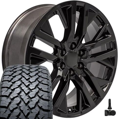 إطارات وإطارات OE Wheels CV38 مقاس 22 بوصة تناسب طراز Sierra 1500 6x139.7 22x9 أسود لامع - هولاندر 5903 - TS-37 AT 285/45-22 (مجموعة من 4) in Saudi Arabia