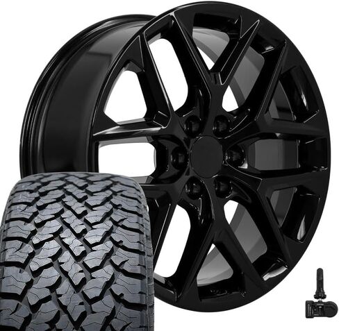 OE Wheels CV62 22 Inch Rims and Tires Fit Silverado 1500 Style 6x139.7 22x9 Gloss Black - Hollander 14078 - TS-37 AT 285/45-22 (Set of 4) in Saudi Arabia