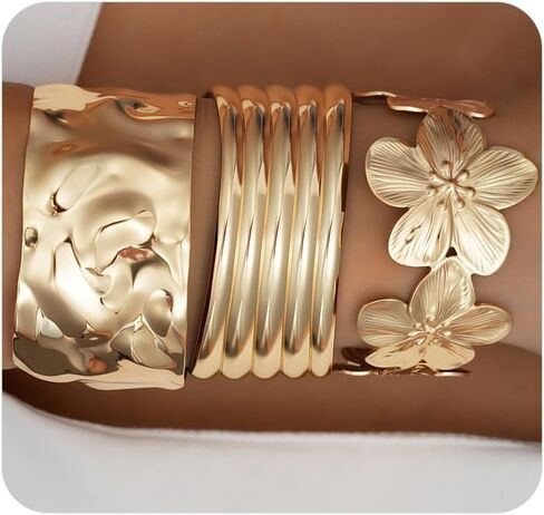 Chunky Gold Flower Bangle Bracelets Set for Women,Vintage Gold Wide Stackable Statement Bracelets Pack,Large Floral Cuff Bracelet Punk Jewelry in Kuwait
