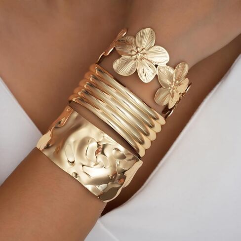 Chunky Gold Flower Bangle Bracelets Set for Women,Vintage Gold Wide Stackable Statement Bracelets Pack,Large Floral Cuff Bracelet Punk Jewelry in Kuwait