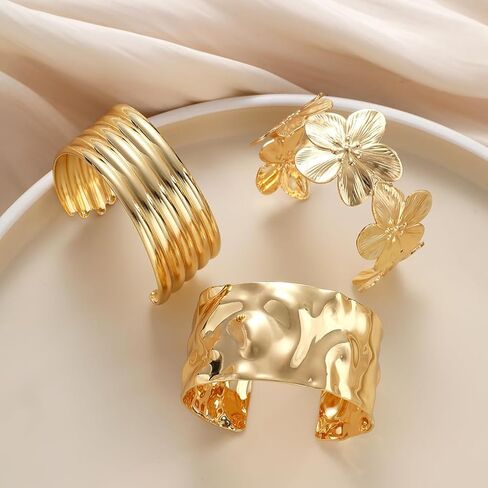 Chunky Gold Flower Bangle Bracelets Set for Women,Vintage Gold Wide Stackable Statement Bracelets Pack,Large Floral Cuff Bracelet Punk Jewelry in Kuwait