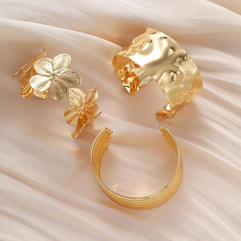 Chunky Gold Flower Bangle Bracelets Set for Women,Vintage Gold Wide Stackable Statement Bracelets Pack,Large Floral Cuff Bracelet Punk Jewelry in Kuwait