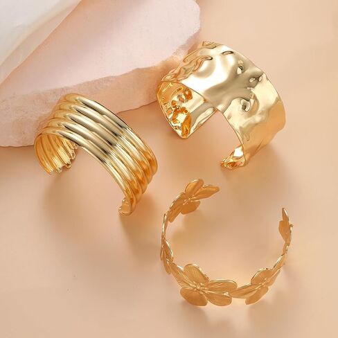 Chunky Gold Flower Bangle Bracelets Set for Women,Vintage Gold Wide Stackable Statement Bracelets Pack,Large Floral Cuff Bracelet Punk Jewelry in Kuwait