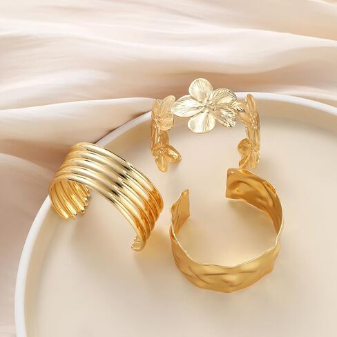 Chunky Gold Flower Bangle Bracelets Set for Women,Vintage Gold Wide Stackable Statement Bracelets Pack,Large Floral Cuff Bracelet Punk Jewelry in Kuwait