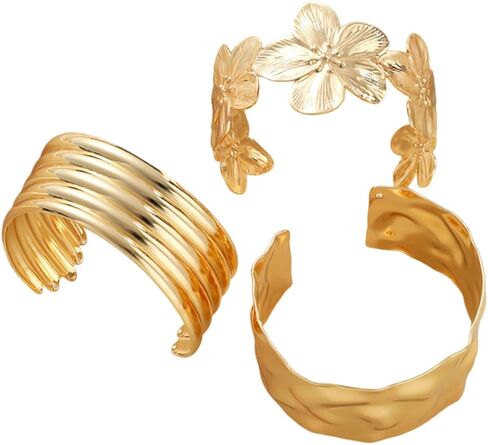 Chunky Gold Flower Bangle Bracelets Set for Women,Vintage Gold Wide Stackable Statement Bracelets Pack,Large Floral Cuff Bracelet Punk Jewelry in Kuwait
