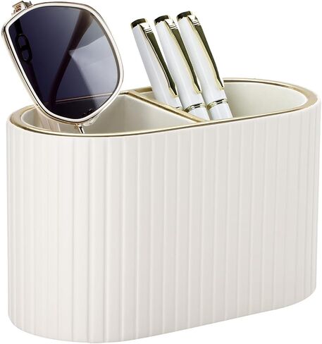 حامل أقلام منظم للمكتب من جلد البولي يوريثان من KINGFOM - كوب قلم رصاص أنيق مزدوج المقصورة وجهاز التحكم عن بعد حامل لوازم سطح المكتب والملحقات منظم العلبة للمكتب المنزلي والمدرسة (بيج فاتح) in Kuwait