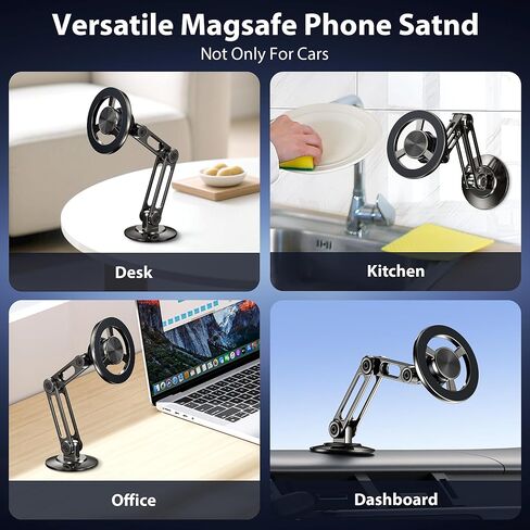 حامل هاتف طويل الذراع مغناطيسي للغاية، يناسب دعامة تثبيت السيارة MagSafe 【الزجاج الأمامي + فتحة التهوية + لوحة القيادة】، مغناطيس قوي قابل للتعديل يدور 360 درجة في السيارة، حامل هاتف مكتبي، أسود in Kuwait