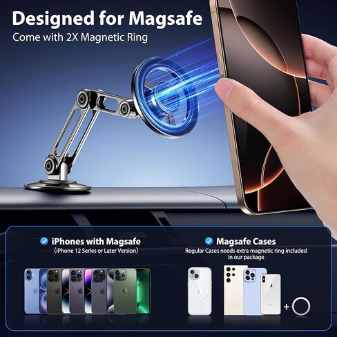 حامل هاتف طويل الذراع مغناطيسي للغاية، يناسب دعامة تثبيت السيارة MagSafe 【الزجاج الأمامي + فتحة التهوية + لوحة القيادة】، مغناطيس قوي قابل للتعديل يدور 360 درجة في السيارة، حامل هاتف مكتبي، أسود in Kuwait