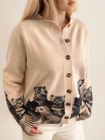 Graphic Cardigans for Women Knitted Button Oversize Cat Graphic Sweater Warm Cartoon Casual Trendy Cardigans in Saudi Arabia