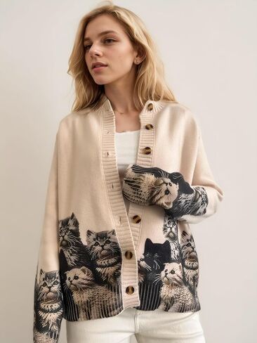 Graphic Cardigans for Women Knitted Button Oversize Cat Graphic Sweater Warm Cartoon Casual Trendy Cardigans in Saudi Arabia