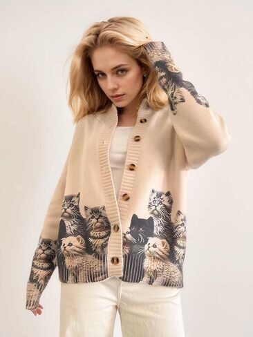 Graphic Cardigans for Women Knitted Button Oversize Cat Graphic Sweater Warm Cartoon Casual Trendy Cardigans in Saudi Arabia