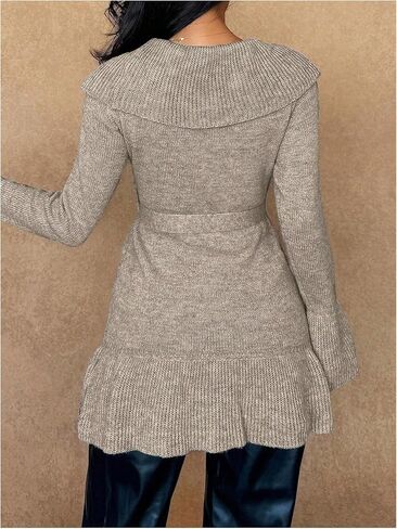 GORGLITTER Women's Ruffle Cardigan Sweaters Long Sleeve Lapel Belted Open Front Lightweight Fall Trendy Sweater in Saudi Arabia