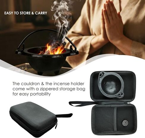 مبخرة من الحديد الزهر مع حقيبة سفر، مرجل 3 بوصة مع مقبض وحامل عصا للتلطخ والطقوس والشموع وديكور المنزل العتيق in Kuwait