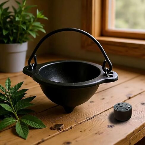 مبخرة من الحديد الزهر مع حقيبة سفر، مرجل 3 بوصة مع مقبض وحامل عصا للتلطخ والطقوس والشموع وديكور المنزل العتيق in Kuwait