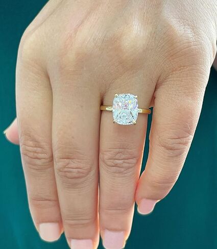 Stunning Large 4.00ct Solitaire 14K Solid Yellow Gold Rectangular Cushion Cut Simulated Diamonds Engagement Ring Four Prong Wedding Bridal in Saudi Arabia