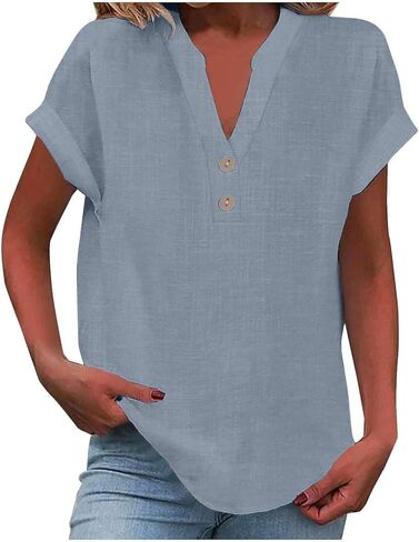 Summer Tops for Women 2026 Trendy Casual Cotton Linen Shirts Loose Short Sleeve V Neck Button Tunic Blouses in Saudi Arabia