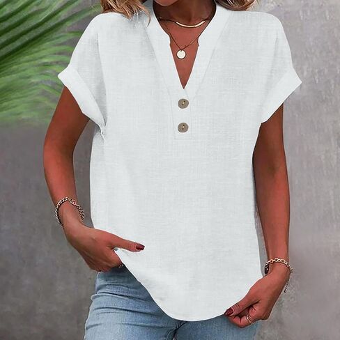 Summer Tops for Women 2026 Trendy Casual Cotton Linen Shirts Loose Short Sleeve V Neck Button Tunic Blouses in Saudi Arabia