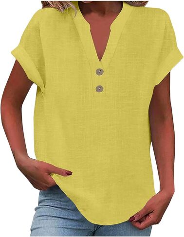 Summer Tops for Women 2026 Trendy Casual Cotton Linen Shirts Loose Short Sleeve V Neck Button Tunic Blouses in Saudi Arabia
