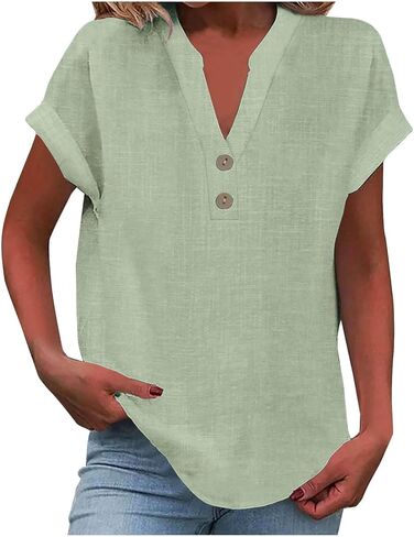Summer Tops for Women 2026 Trendy Casual Cotton Linen Shirts Loose Short Sleeve V Neck Button Tunic Blouses in Saudi Arabia