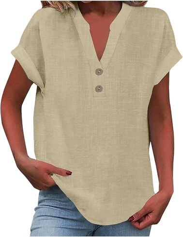 Summer Tops for Women 2026 Trendy Casual Cotton Linen Shirts Loose Short Sleeve V Neck Button Tunic Blouses in Saudi Arabia