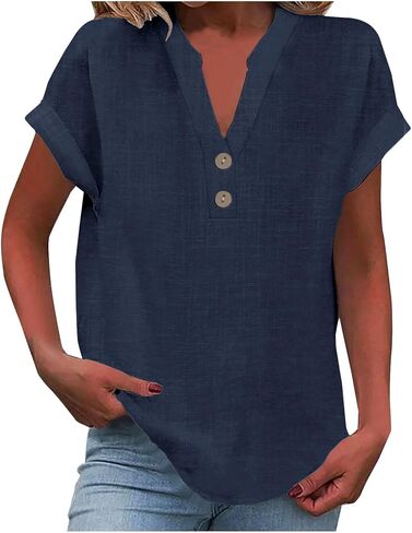Summer Tops for Women 2026 Trendy Casual Cotton Linen Shirts Loose Short Sleeve V Neck Button Tunic Blouses in Saudi Arabia