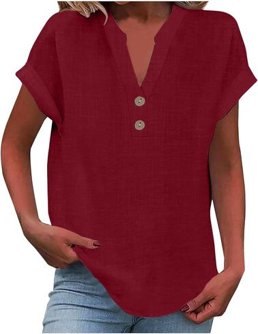 Summer Tops for Women 2026 Trendy Casual Cotton Linen Shirts Loose Short Sleeve V Neck Button Tunic Blouses in Saudi Arabia