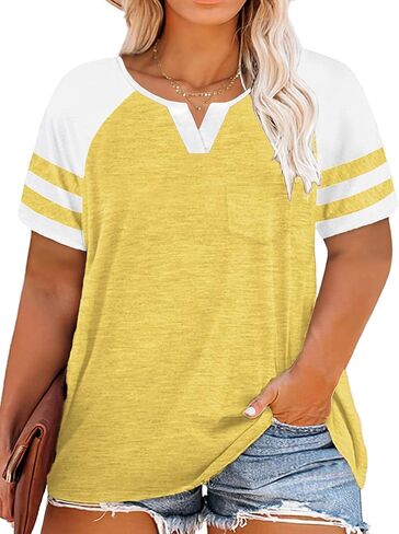 VISLILY Plus-Size Tops for Women Summer V Neck T Shirts Color Block Raglan Tees XL-4XL in Kuwait