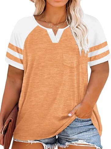 VISLILY Plus-Size Tops for Women Summer V Neck T Shirts Color Block Raglan Tees XL-4XL in Kuwait