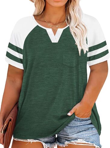 VISLILY Plus-Size Tops for Women Summer V Neck T Shirts Color Block Raglan Tees XL-4XL in Kuwait