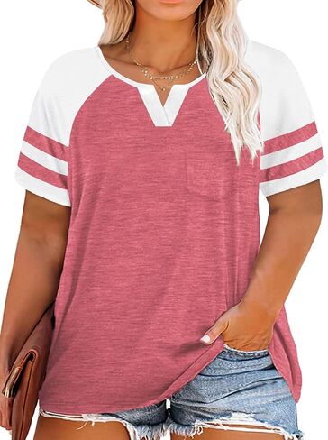 VISLILY Plus-Size Tops for Women Summer V Neck T Shirts Color Block Raglan Tees XL-4XL in Kuwait